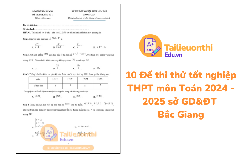 10 Đề thi thử tốt nghiệp THPT môn Toán 2024 - 2025 sở GDĐT Bắc Giang